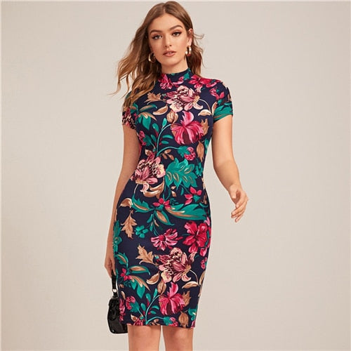 Multicolor Mock-Neck Form Fitted Floral Print Dress  Cap Sleeve Bodycon Elegant Pencil Midi Dresses