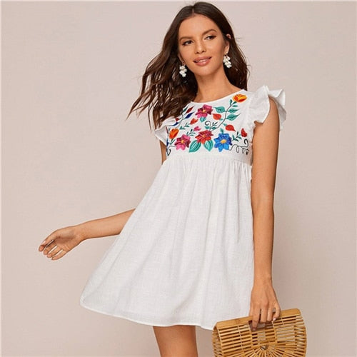 White Ruffle Armhole Embroidery Floral Smock Dress Women Summer High Waist Cap Sleeve Cute Boho Short Flared Dresses