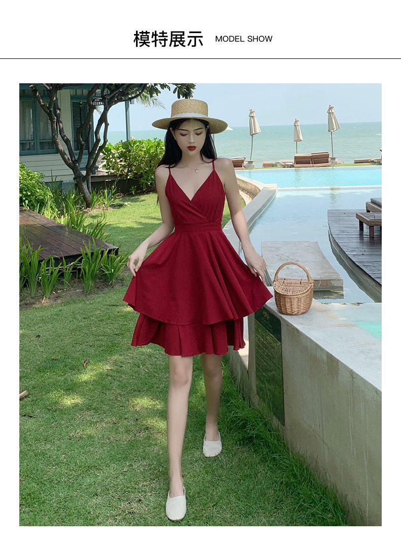Summer Ruffles Sexy Dress Women Red Spaghetti Strap V Neck Backless Dresses Mini Zipper Club Party Female Dress Vestidos
