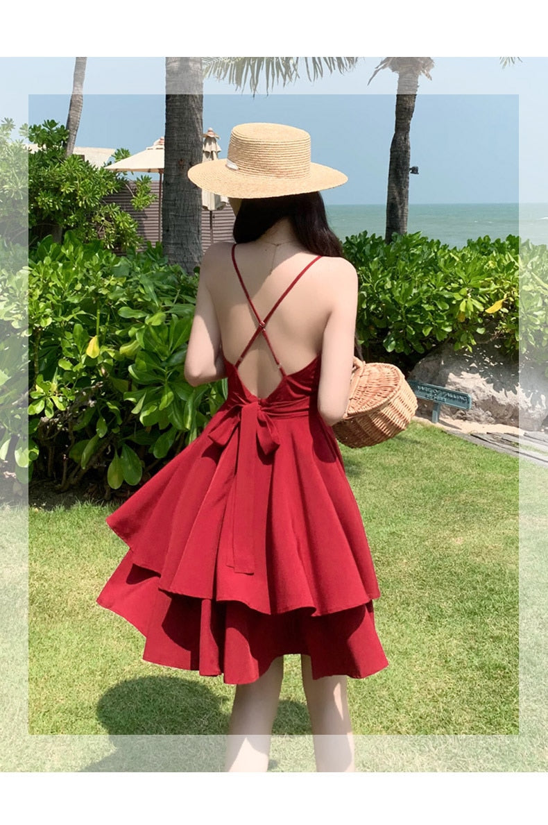 Summer Ruffles Sexy Dress Women Red Spaghetti Strap V Neck Backless Dresses Mini Zipper Club Party Female Dress Vestidos