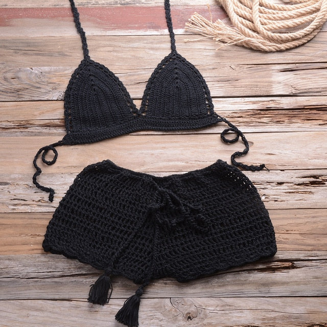 Sexy Crochet Bikini Two Pieces Set Halter Bra Tie Top Knitted Shorts Biquini Summer Beach Swimwear Hollow Swimsuit Bathing Suit