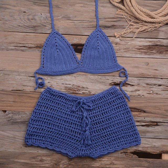 Sexy Crochet Bikini Two Pieces Set Halter Bra Tie Top Knitted Shorts Biquini Summer Beach Swimwear Hollow Swimsuit Bathing Suit