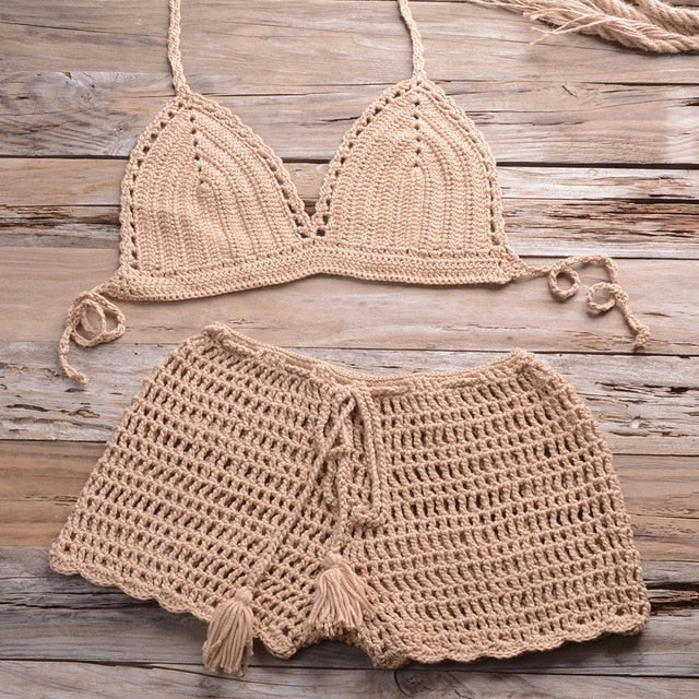 Sexy Crochet Bikini Two Pieces Set Halter Bra Tie Top Knitted Shorts Biquini Summer Beach Swimwear Hollow Swimsuit Bathing Suit