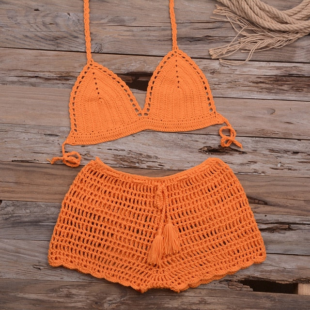 Sexy Crochet Bikini Two Pieces Set Halter Bra Tie Top Knitted Shorts Biquini Summer Beach Swimwear Hollow Swimsuit Bathing Suit