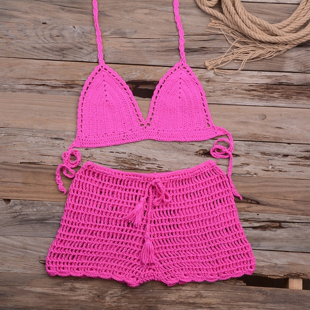 Sexy Crochet Bikini Two Pieces Set Halter Bra Tie Top Knitted Shorts Biquini Summer Beach Swimwear Hollow Swimsuit Bathing Suit