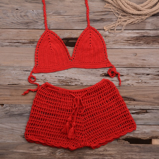 Sexy Crochet Bikini Two Pieces Set Halter Bra Tie Top Knitted Shorts Biquini Summer Beach Swimwear Hollow Swimsuit Bathing Suit