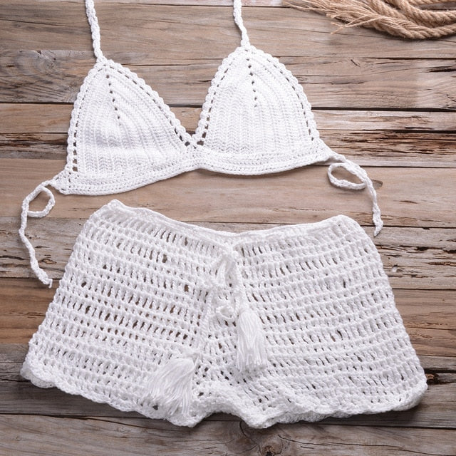 Sexy Crochet Bikini Two Pieces Set Halter Bra Tie Top Knitted Shorts Biquini Summer Beach Swimwear Hollow Swimsuit Bathing Suit