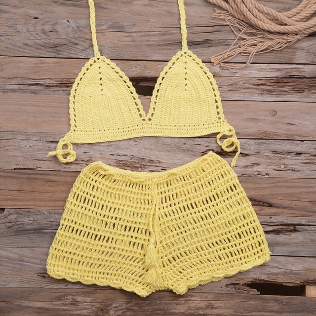 Sexy Crochet Bikini Two Pieces Set Halter Bra Tie Top Knitted Shorts Biquini Summer Beach Swimwear Hollow Swimsuit Bathing Suit