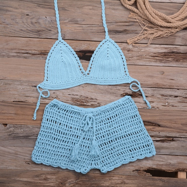 Sexy Crochet Bikini Two Pieces Set Halter Bra Tie Top Knitted Shorts Biquini Summer Beach Swimwear Hollow Swimsuit Bathing Suit