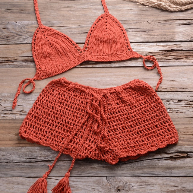 Sexy Crochet Bikini Two Pieces Set Halter Bra Tie Top Knitted Shorts Biquini Summer Beach Swimwear Hollow Swimsuit Bathing Suit