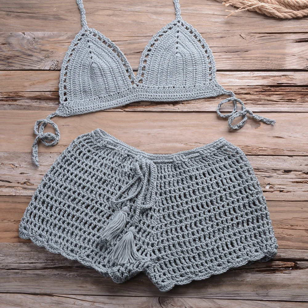Sexy Crochet Bikini Two Pieces Set Halter Bra Tie Top Knitted Shorts Biquini Summer Beach Swimwear Hollow Swimsuit Bathing Suit