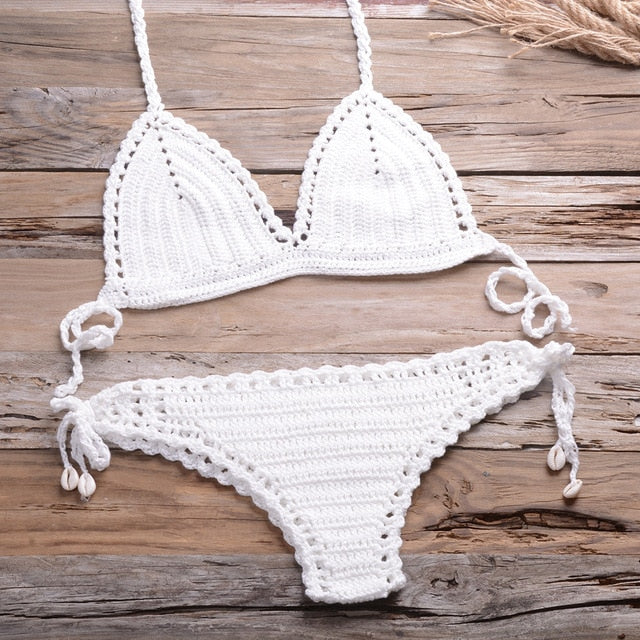 Sexy Crochet Bikini Two Pieces Set Halter Bra Tie Top Knitted Shorts Biquini Summer Beach Swimwear Hollow Swimsuit Bathing Suit