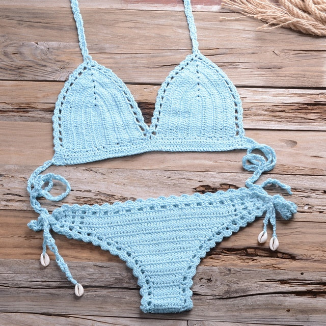 Sexy Crochet Bikini Two Pieces Set Halter Bra Tie Top Knitted Shorts Biquini Summer Beach Swimwear Hollow Swimsuit Bathing Suit