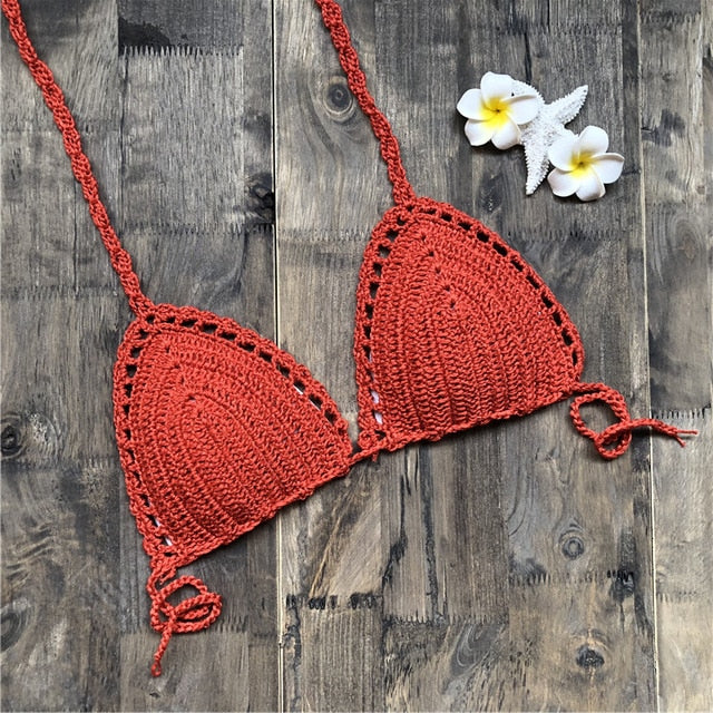 Sexy Crochet Bikini Two Pieces Set Halter Bra Tie Top Knitted Shorts Biquini Summer Beach Swimwear Hollow Swimsuit Bathing Suit