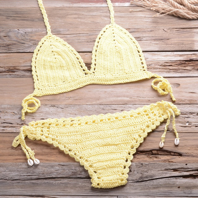 Sexy Crochet Bikini Two Pieces Set Halter Bra Tie Top Knitted Shorts Biquini Summer Beach Swimwear Hollow Swimsuit Bathing Suit