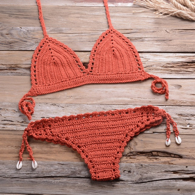 Sexy Crochet Bikini Two Pieces Set Halter Bra Tie Top Knitted Shorts Biquini Summer Beach Swimwear Hollow Swimsuit Bathing Suit