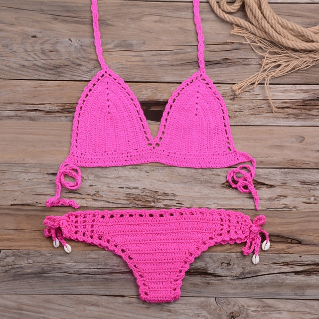Sexy Crochet Bikini Two Pieces Set Halter Bra Tie Top Knitted Shorts Biquini Summer Beach Swimwear Hollow Swimsuit Bathing Suit