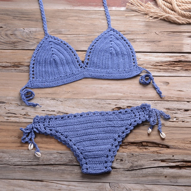 Sexy Crochet Bikini Two Pieces Set Halter Bra Tie Top Knitted Shorts Biquini Summer Beach Swimwear Hollow Swimsuit Bathing Suit