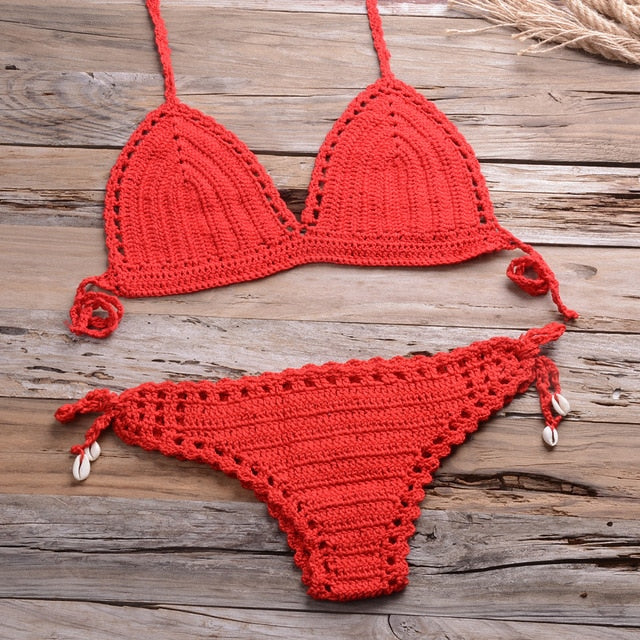 Sexy Crochet Bikini Two Pieces Set Halter Bra Tie Top Knitted Shorts Biquini Summer Beach Swimwear Hollow Swimsuit Bathing Suit
