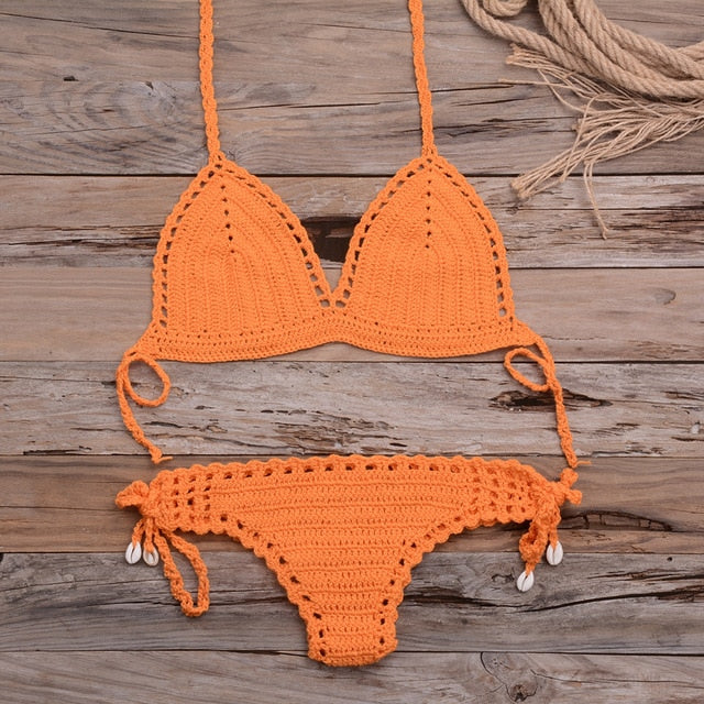 Sexy Crochet Bikini Two Pieces Set Halter Bra Tie Top Knitted Shorts Biquini Summer Beach Swimwear Hollow Swimsuit Bathing Suit
