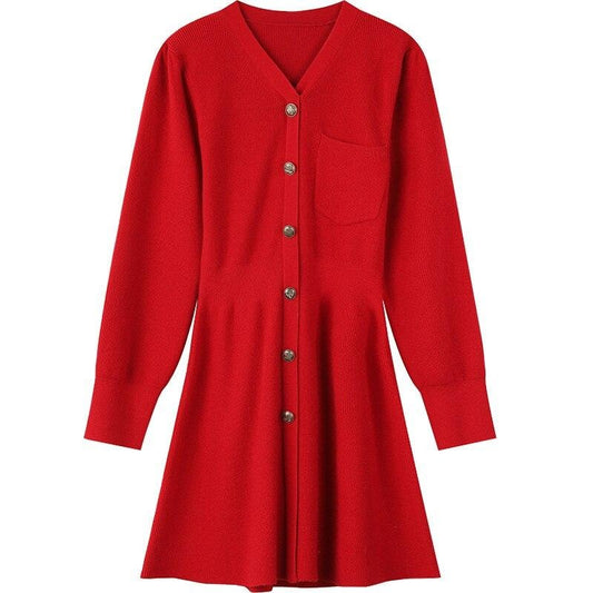 Solid Pure High Waist Casual Knit Women Mini Dress,Spring ELF Vintage Chic Button Korean Female Party Dresses