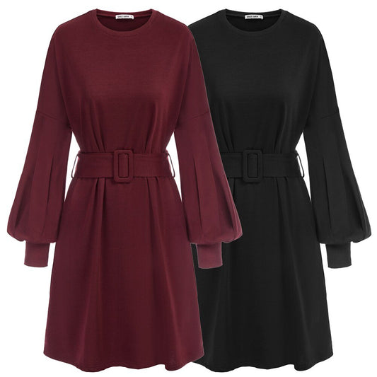 Grace Karin Summer Mini Dresses Women Belt Sashes Dress Long Lantern Sleeves Crew Neck Solid Color Retro Ladies A-Line Dress