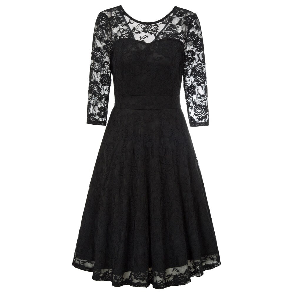 Summer Women's Dresses Floral Lace Dress Sexy 3/4 Sleeve Crew Neck V-Back A-Line Dresses Solid Elegant Retro Knee Length Female