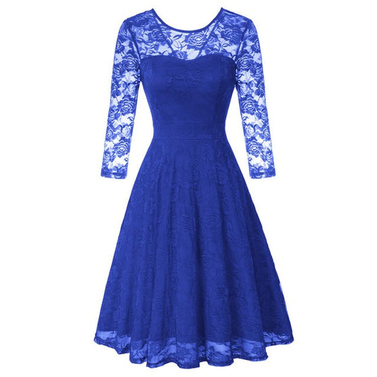 Summer Women's Dresses Floral Lace Dress Sexy 3/4 Sleeve Crew Neck V-Back A-Line Dresses Solid Elegant Retro Knee Length Female