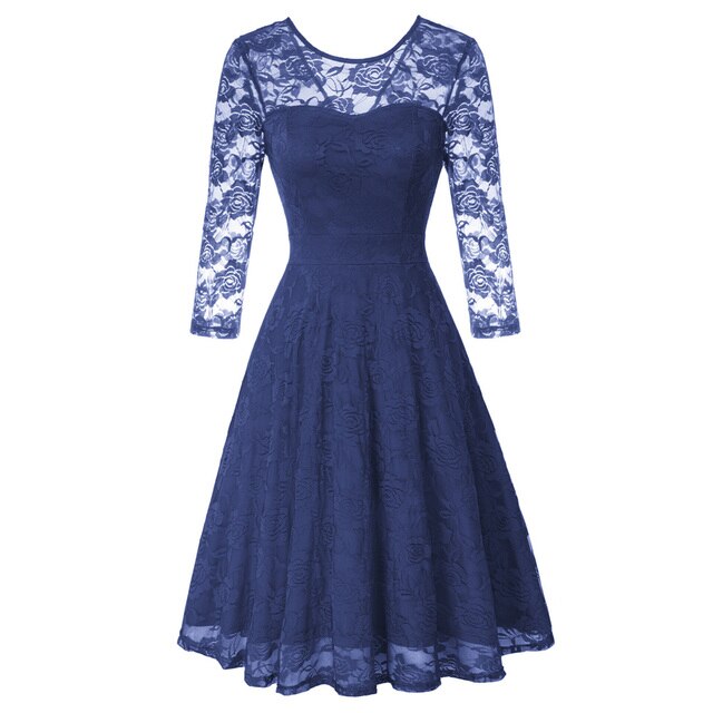 Summer Women's Dresses Floral Lace Dress Sexy 3/4 Sleeve Crew Neck V-Back A-Line Dresses Solid Elegant Retro Knee Length Female