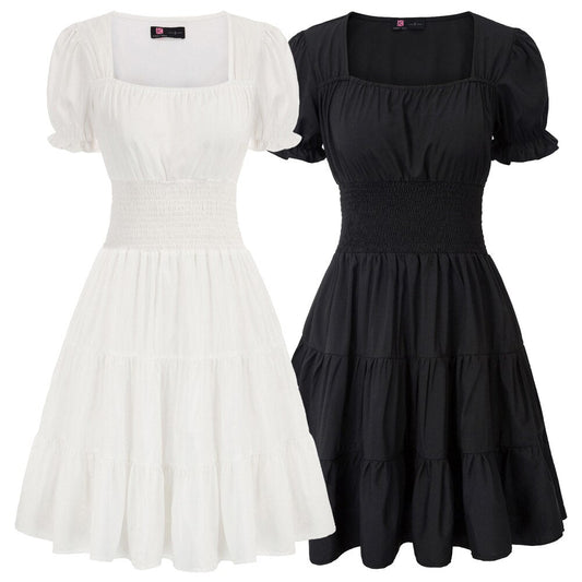 Summer Short Dresses Women Cake Dress Smocked Waist Short Sleeve Square Neck A-Line Solid Color Fashion Slim Waist Clothes New