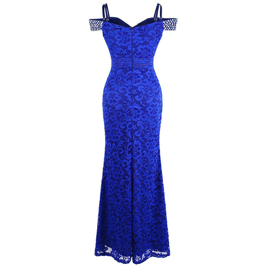 Women's Beading Boat Neck Lace Pleated Party Gown Slit Long Formal Mermaid Evening Dresses