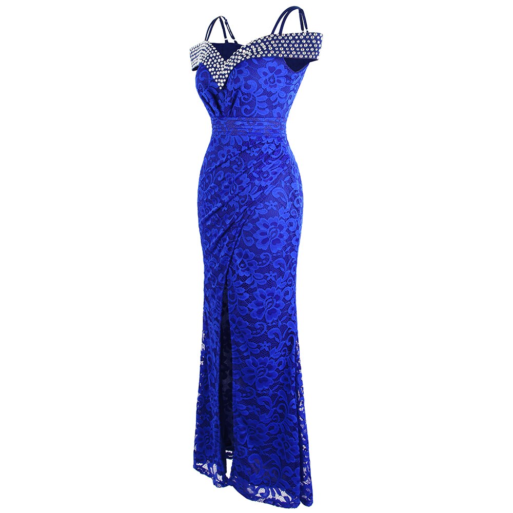 Women's Beading Boat Neck Lace Pleated Party Gown Slit Long Formal Mermaid Evening Dresses