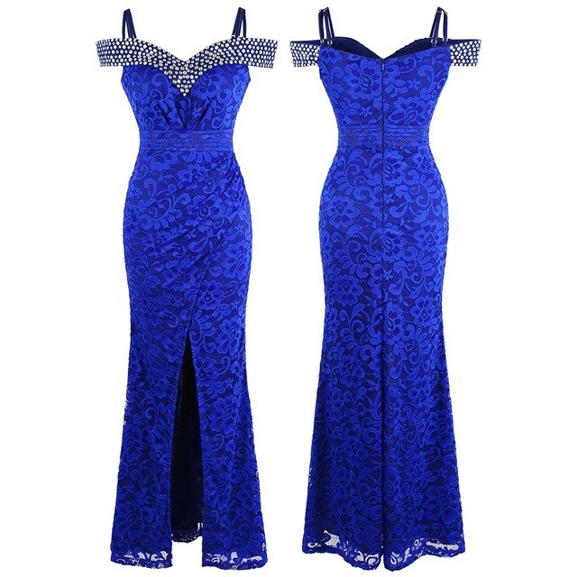 Women's Beading Boat Neck Lace Pleated Party Gown Slit Long Formal Mermaid Evening Dresses