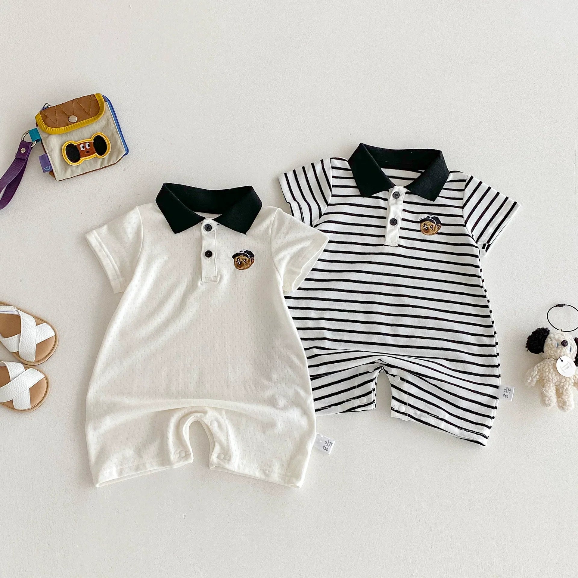 Summer Arrival Baby Boys Teddy Bear Pattern Short Sleeves Rompers with Turn-down Collar, MyKids-USA®, Baby One-Pieces, MyKids-USA -  -  -  -  -  -  - .