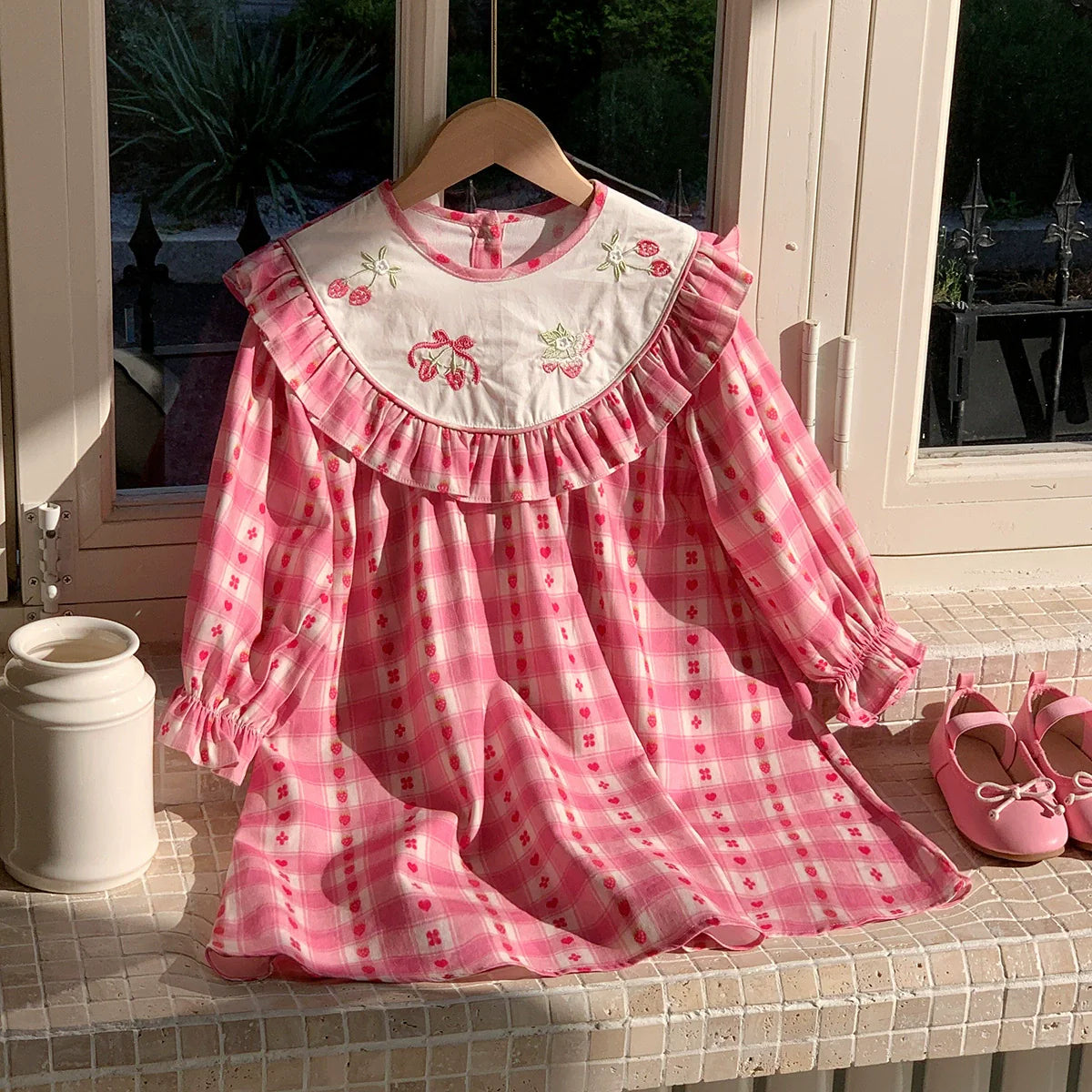 Arrival Autumn Girls Strawberry and Plaid Pattern Long Sleeves Dress