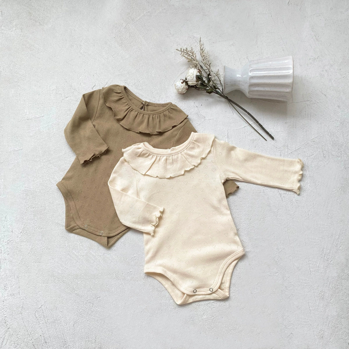 Arrival Baby Unisex Solid Color Long Sleeves bodysuit with Ruffle Collar