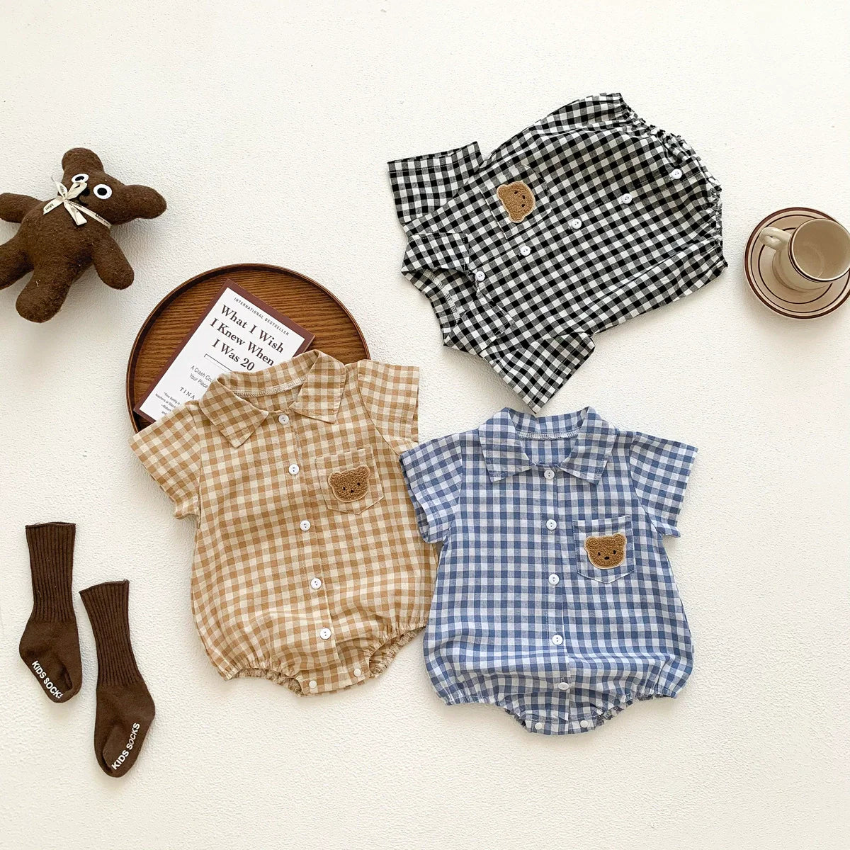 Summer Arrival Baby Boys Plaid and Teddy Bear Pattern Short Sleeves bodysuit with Turn-down Collar, MyKids-USA®, Baby One-Pieces, MyKids-USA -  -  -  -  -  -  - .