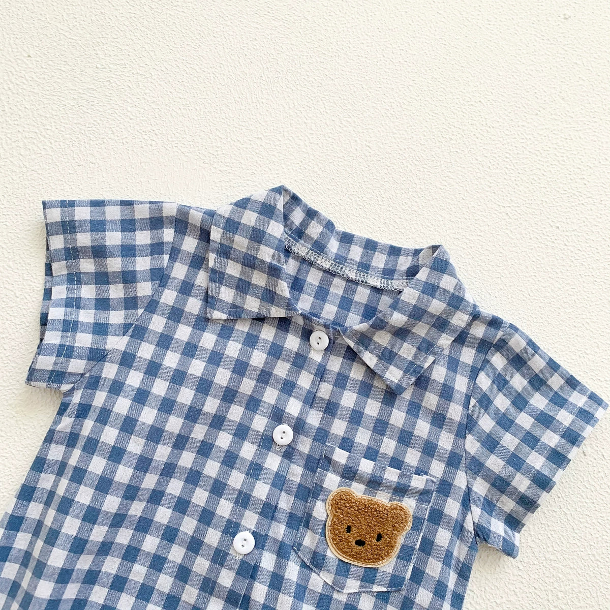 Summer Arrival Baby Boys Plaid and Teddy Bear Pattern Short Sleeves bodysuit with Turn-down Collar, MyKids-USA®, Baby One-Pieces, MyKids-USA -  -  -  -  -  -  - .
