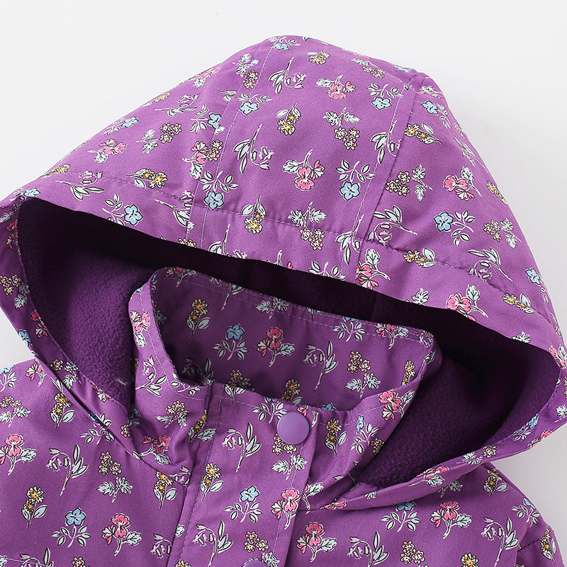 European And American Style Girls’ Outerwear: Hooded Zip-Up Floral Coat With Long Sleeves For Children