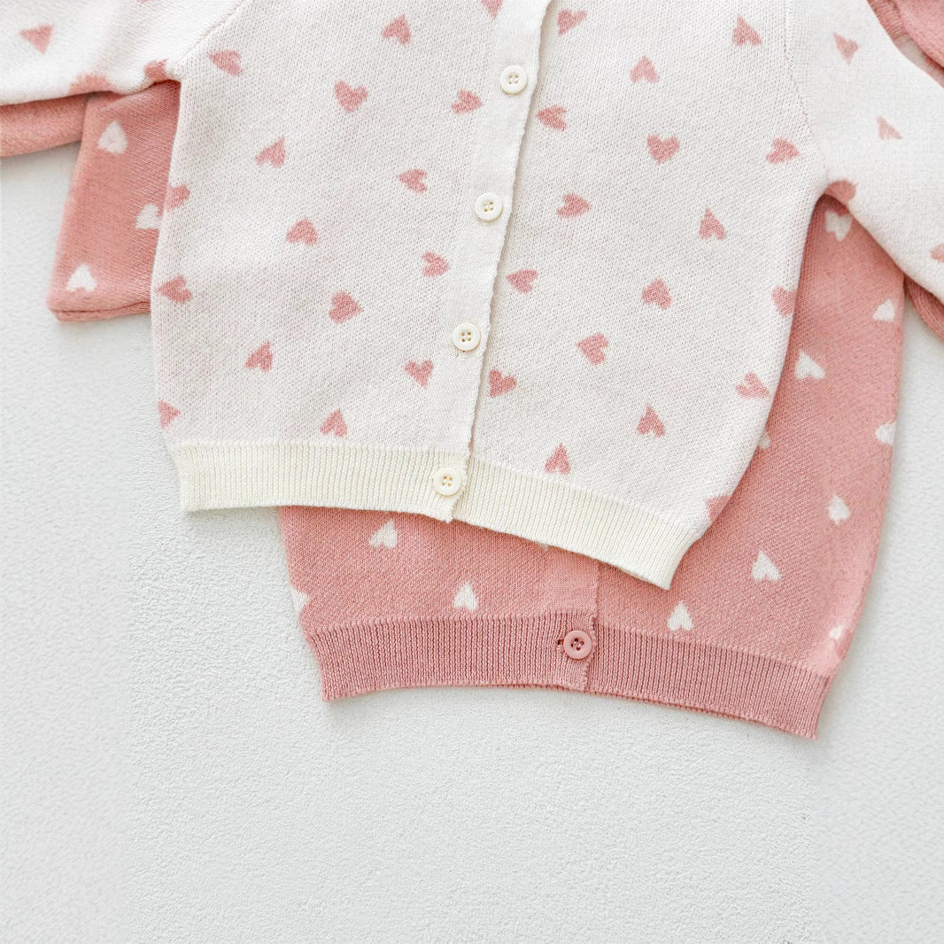 Spring Arrival Baby Kids Girls Comfortable Heart Pattern Knitted Long Sleeves Cardigan