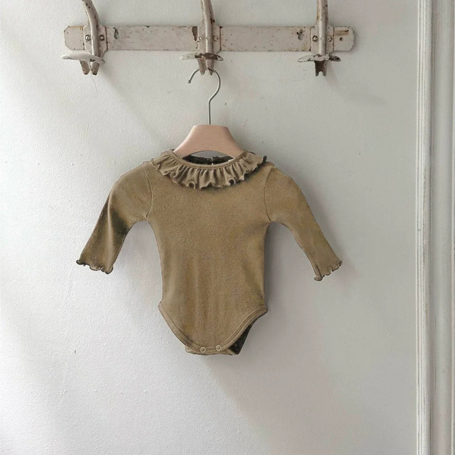 Arrival Baby Unisex Solid Color Long Sleeves bodysuit with Ruffle Collar