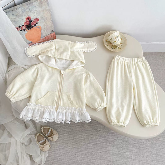 Spring and Autumn Kids Girls Floral Lace Decorated Long Sleeves Coat and Solid Color Pants 2-piece Clothing Set
