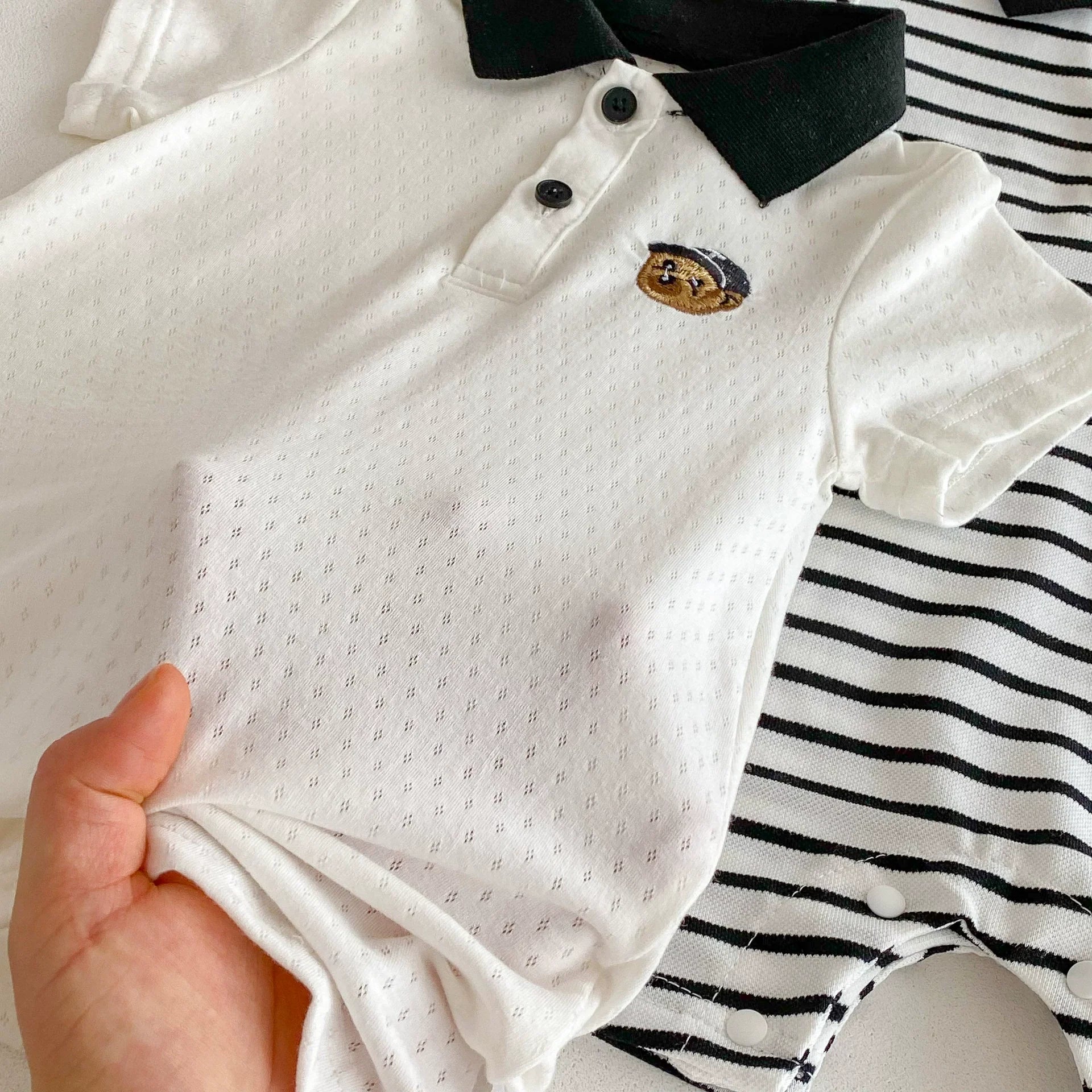 Summer Arrival Baby Boys Teddy Bear Pattern Short Sleeves Rompers with Turn-down Collar, MyKids-USA®, Baby One-Pieces, MyKids-USA -  -  -  -  -  -  - .
