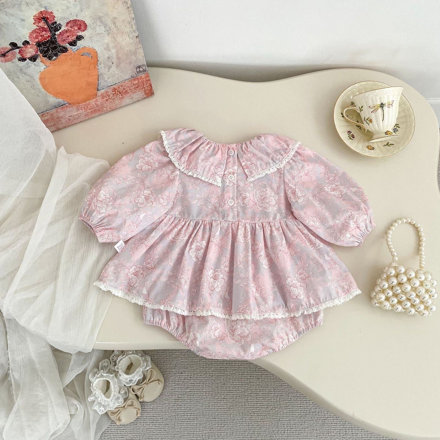 Spring Arrival Baby Girls Long Sleeves Flowers Pattern Pink Bodysuit Dress