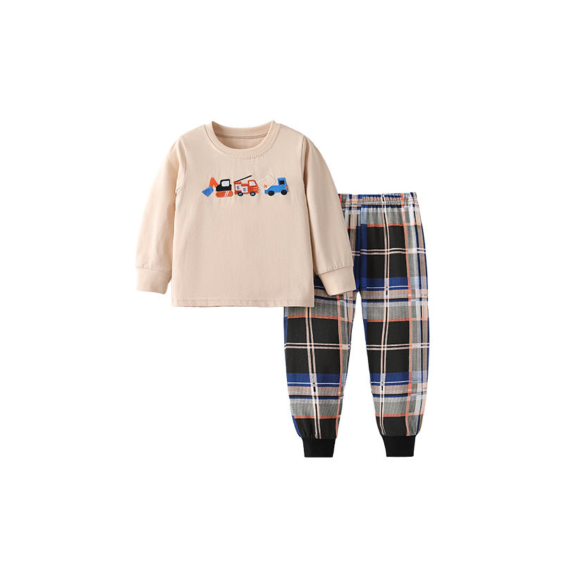 Spring and Autumn Boys Cartoon Embroidered Pattern Long Sleeves Top and Plaid Pants Clothing Set, MyKids-USA®, Baby & Toddler Outfits, MyKids-USA - Size/Age - 100 (2-3Y) - Color - Beige -  -  - TR2509242248-A.