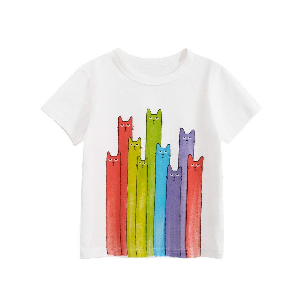 Summer Girls’ Cartoon Cats Pattern Printed T-shirt in European and American Style, MyKids-USA®, Baby & Toddler Tops, MyKids-USA - Size/Age - 90 (12-24M) - Color - White -  -  - TR2506161625-A.