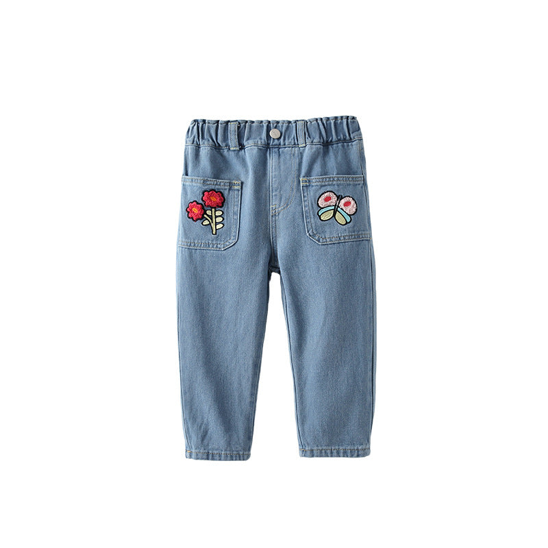 Arrival Autumn Girls Flowers Pattern Denim Pants, MyKids-USA®, Jeans, MyKids-USA - Size/Age - 100 (2-3Y) - Color - Blue -  -  - TR2509222259-A.
