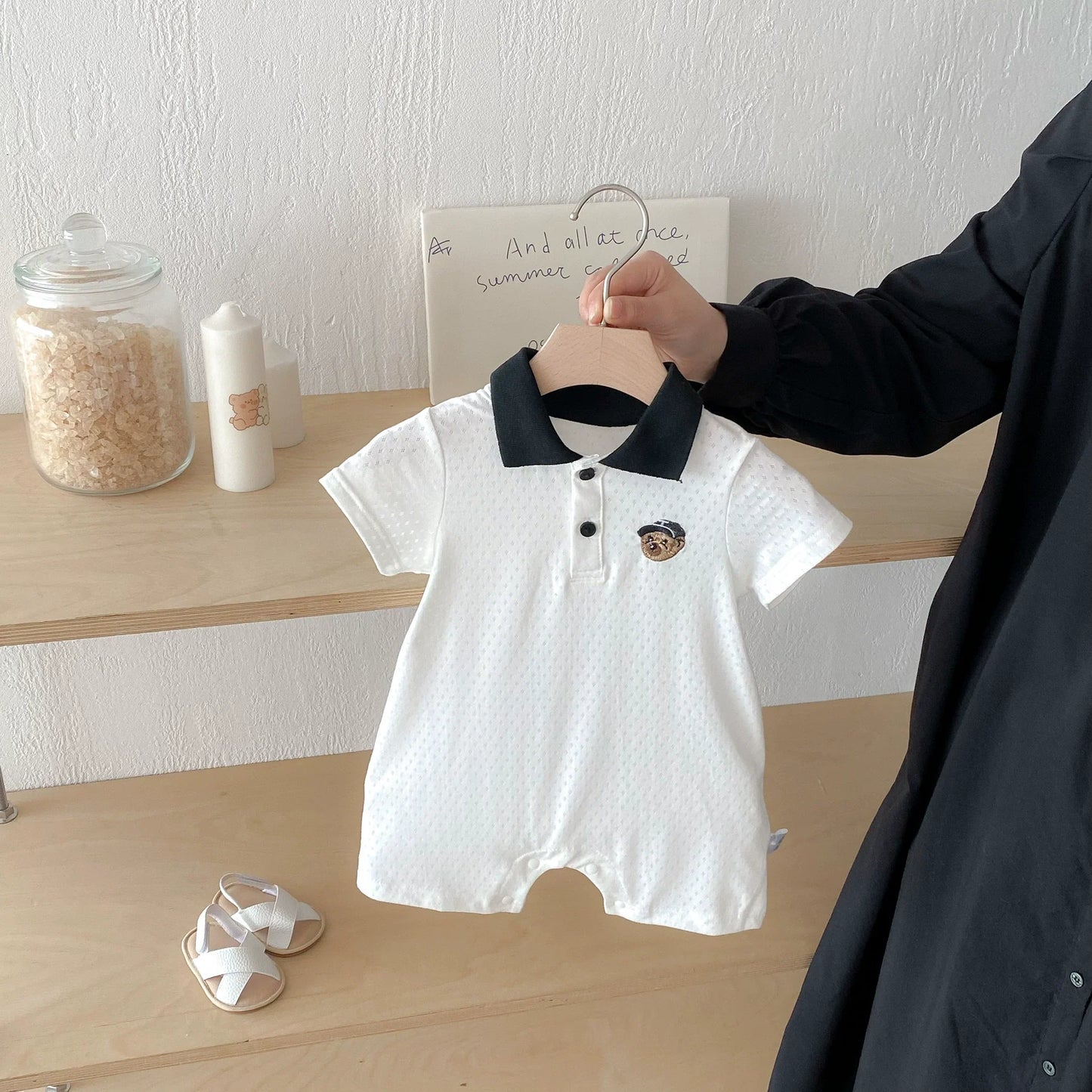 Summer Arrival Baby Boys Teddy Bear Pattern Short Sleeves Rompers with Turn-down Collar, MyKids-USA®, Baby One-Pieces, MyKids-USA - Size/Age - 66 (3-6M) - Color - White -  -  - TR2506202015-B.