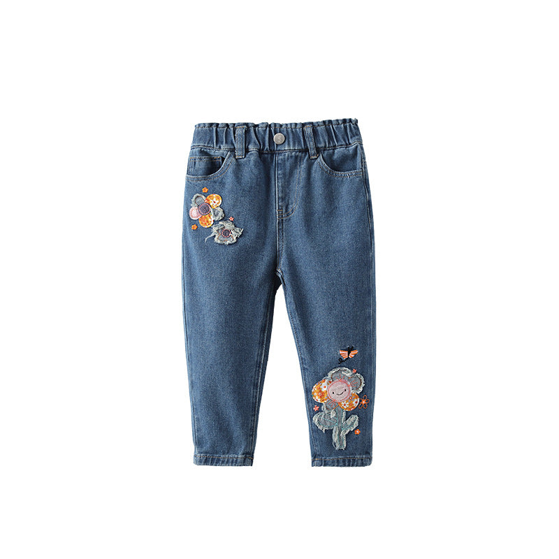 Arrival Autumn Baby Kids Girls Flowers and Cartoon Pattern Denim Pants, MyKids-USA®, Jeans, MyKids-USA - Size/Age - 100 (2-3Y) - Color - Blue -  -  - TR2509222258-A.