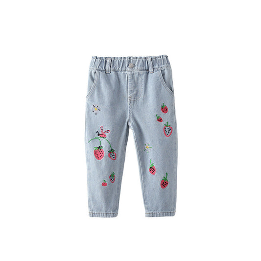 Arrival Autumn Girls Strawberry Pattern Denim Pants, MyKids-USA®, Jeans, MyKids-USA - Size/Age - 100 (2-3Y) - Color - Blue -  -  - TR2509222303-A.